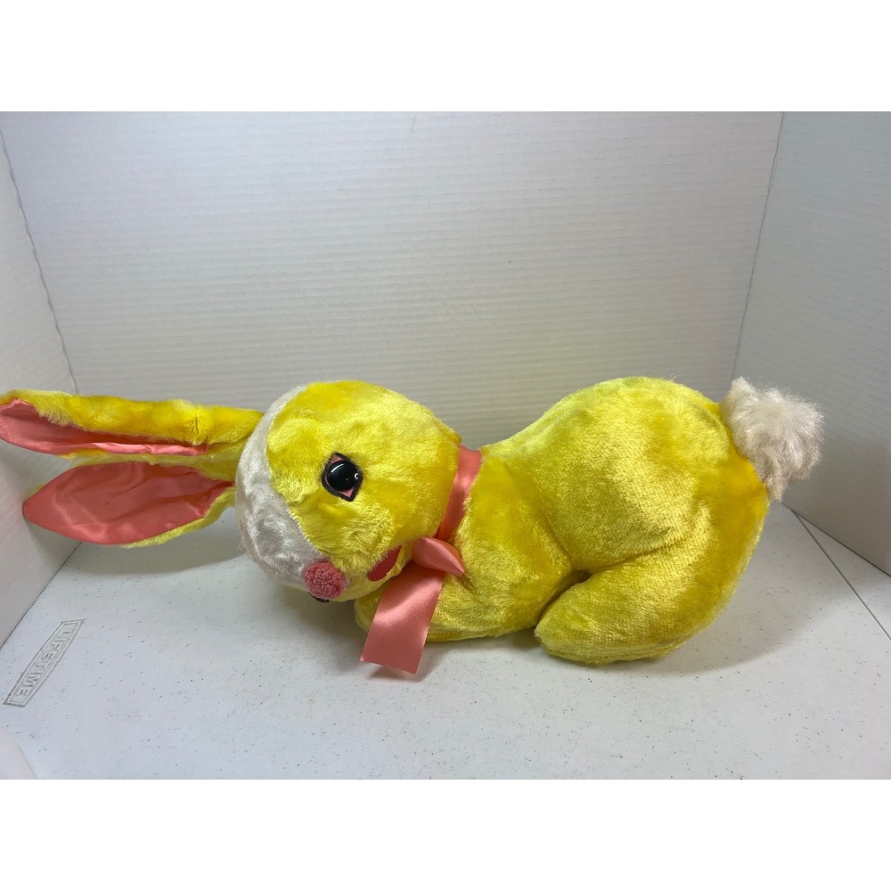 Vintage Yellow Plush Bunny Rabbit Stuffed Animal Pink Ribbon Easter Toy 17 Inch